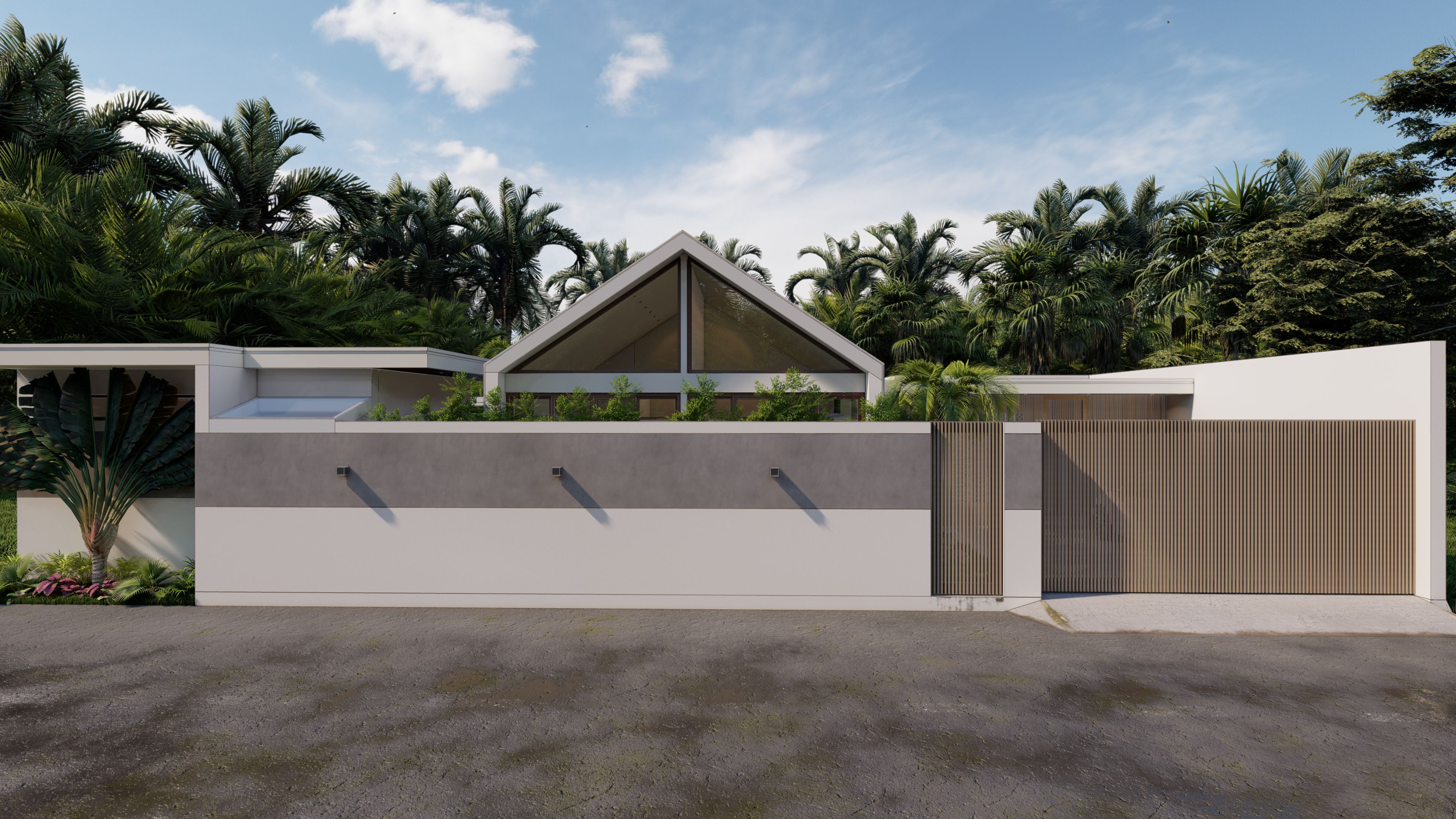Modern tropical villa front facade with gated entrance and landscaping