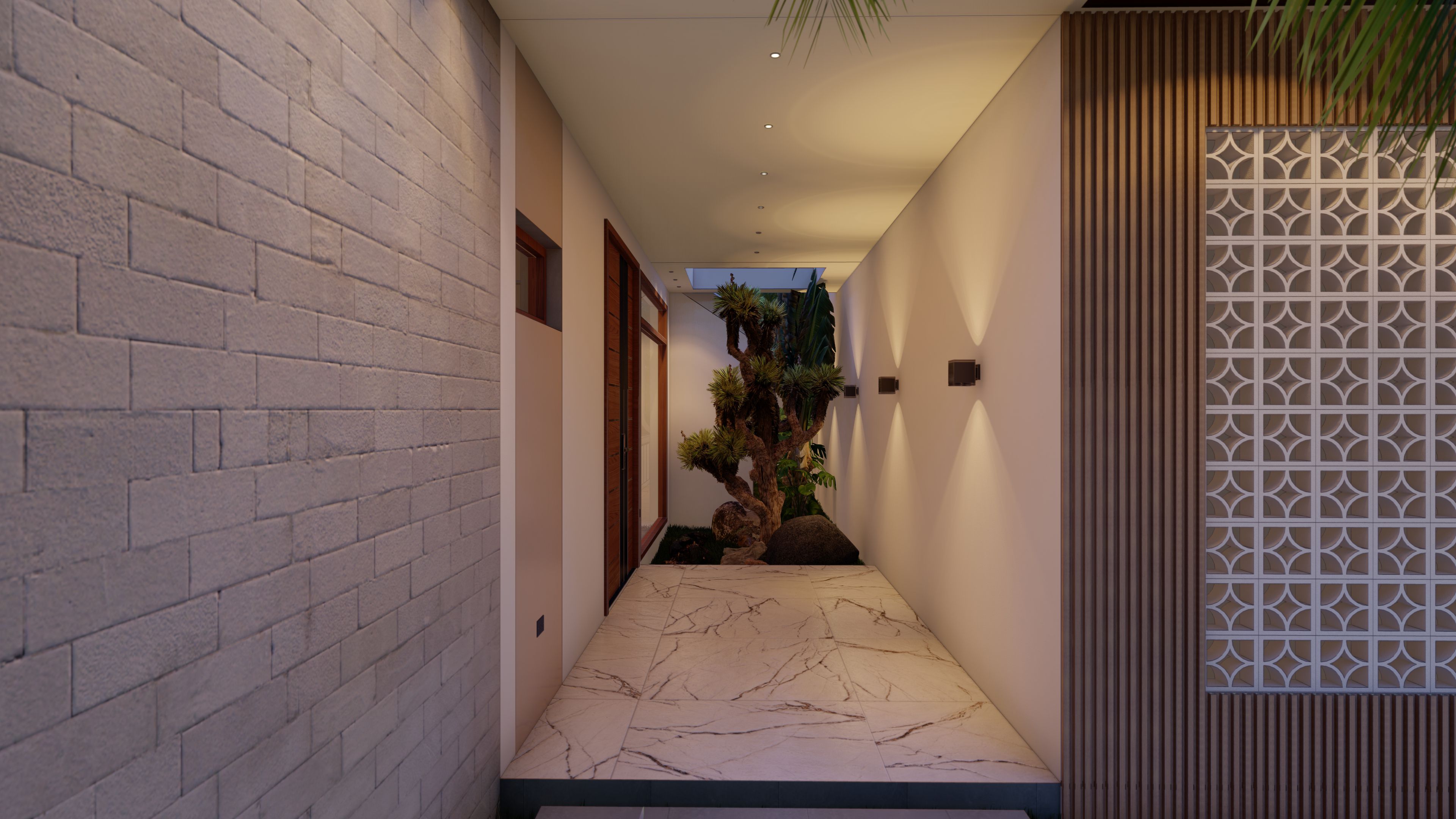 Elegant entrance hallway with wooden accents and natural lighting