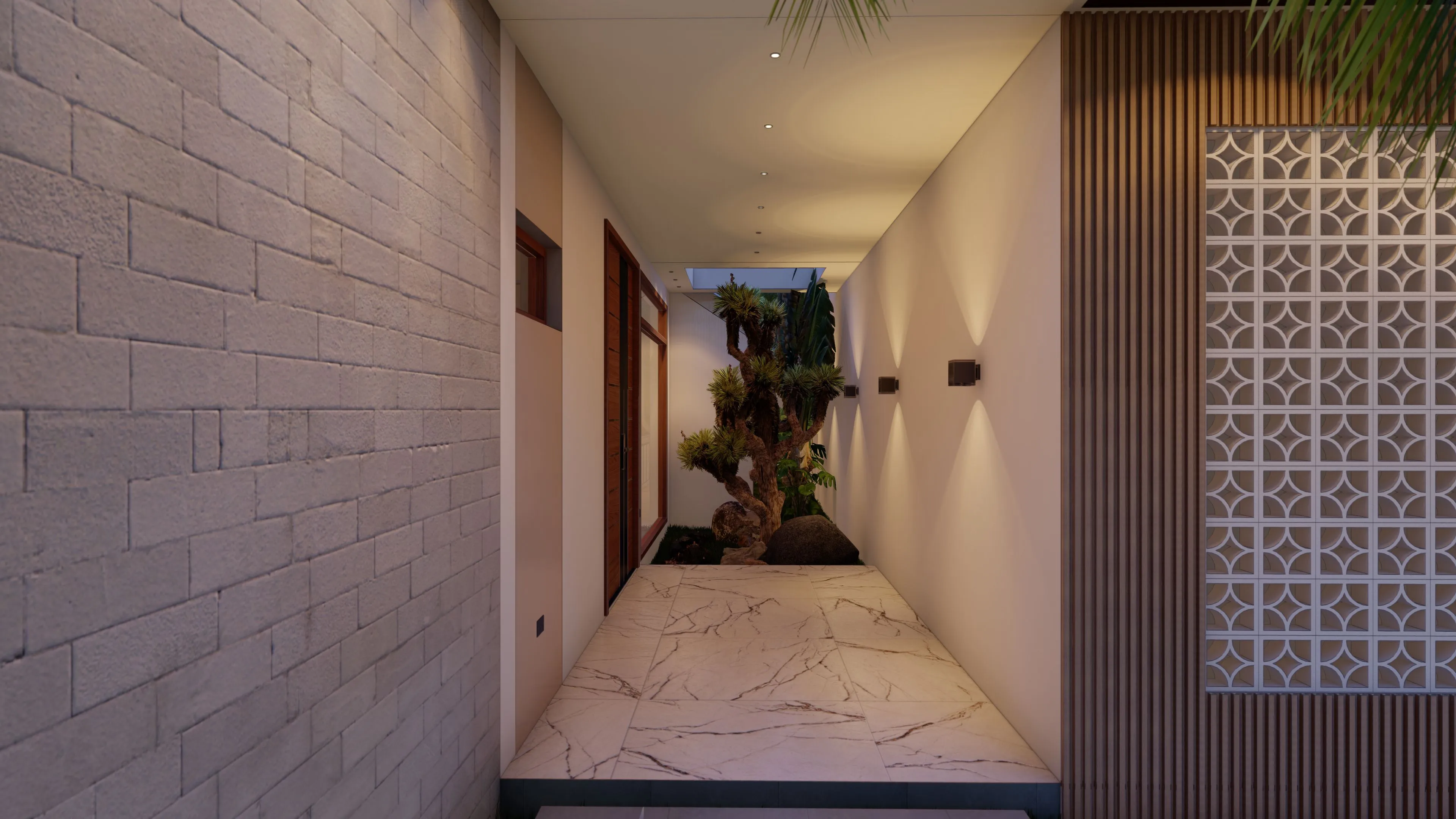 Elegant entrance hallway with wooden accents and natural lighting