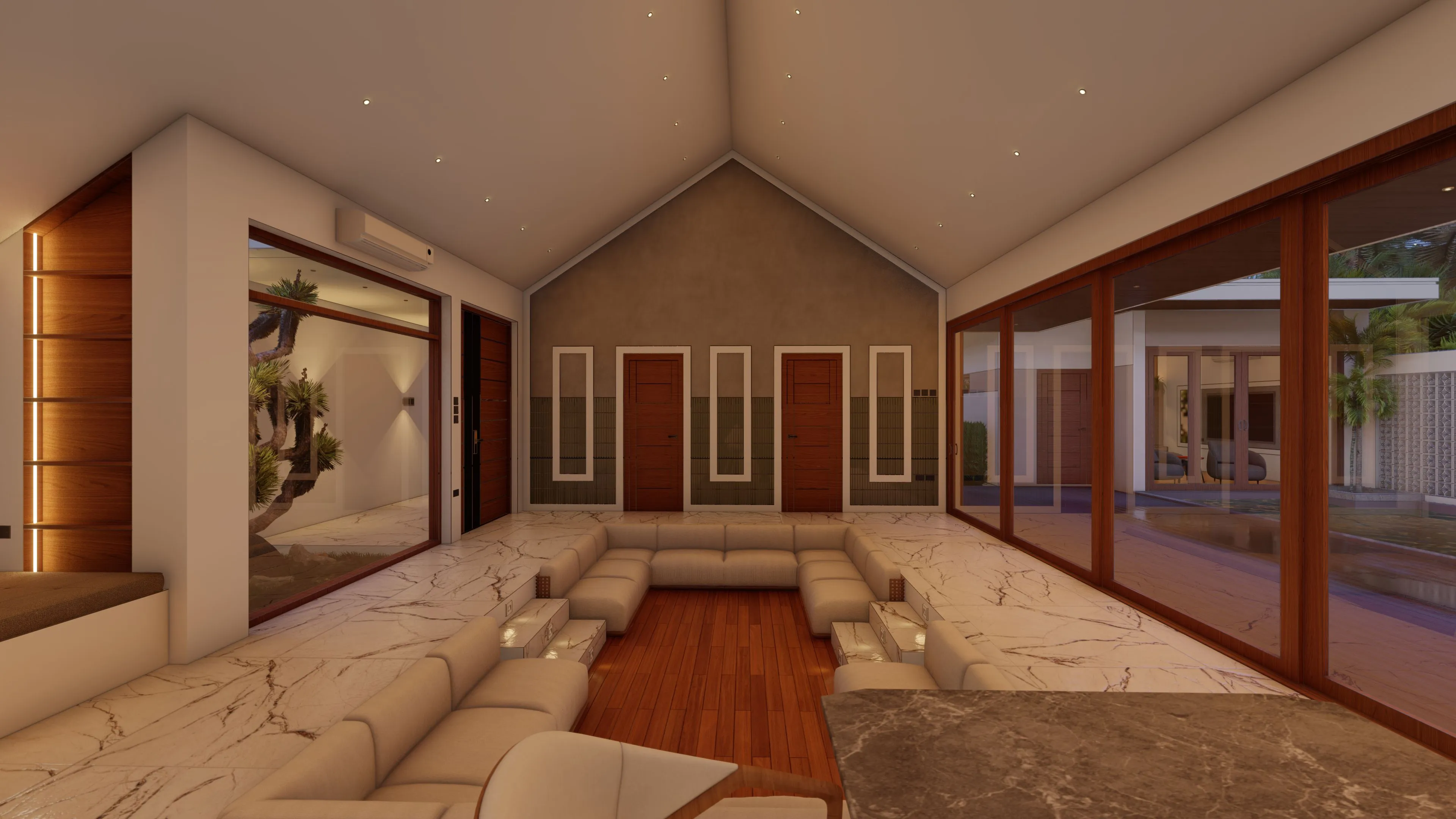 View from sunken lounge through living area towards bedrooms with natural light