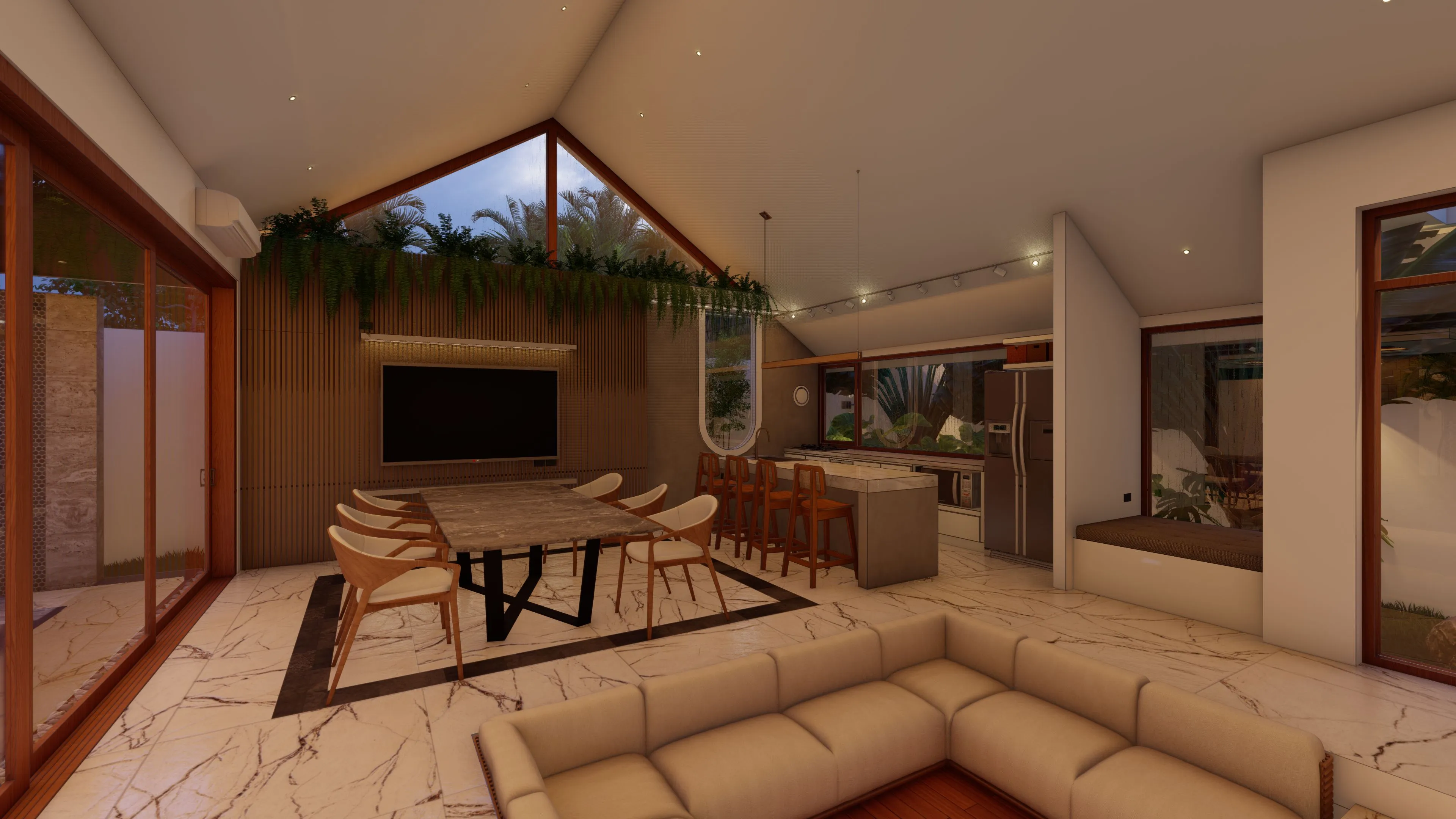 View from sunken lounge towards modern open kitchen with island bar