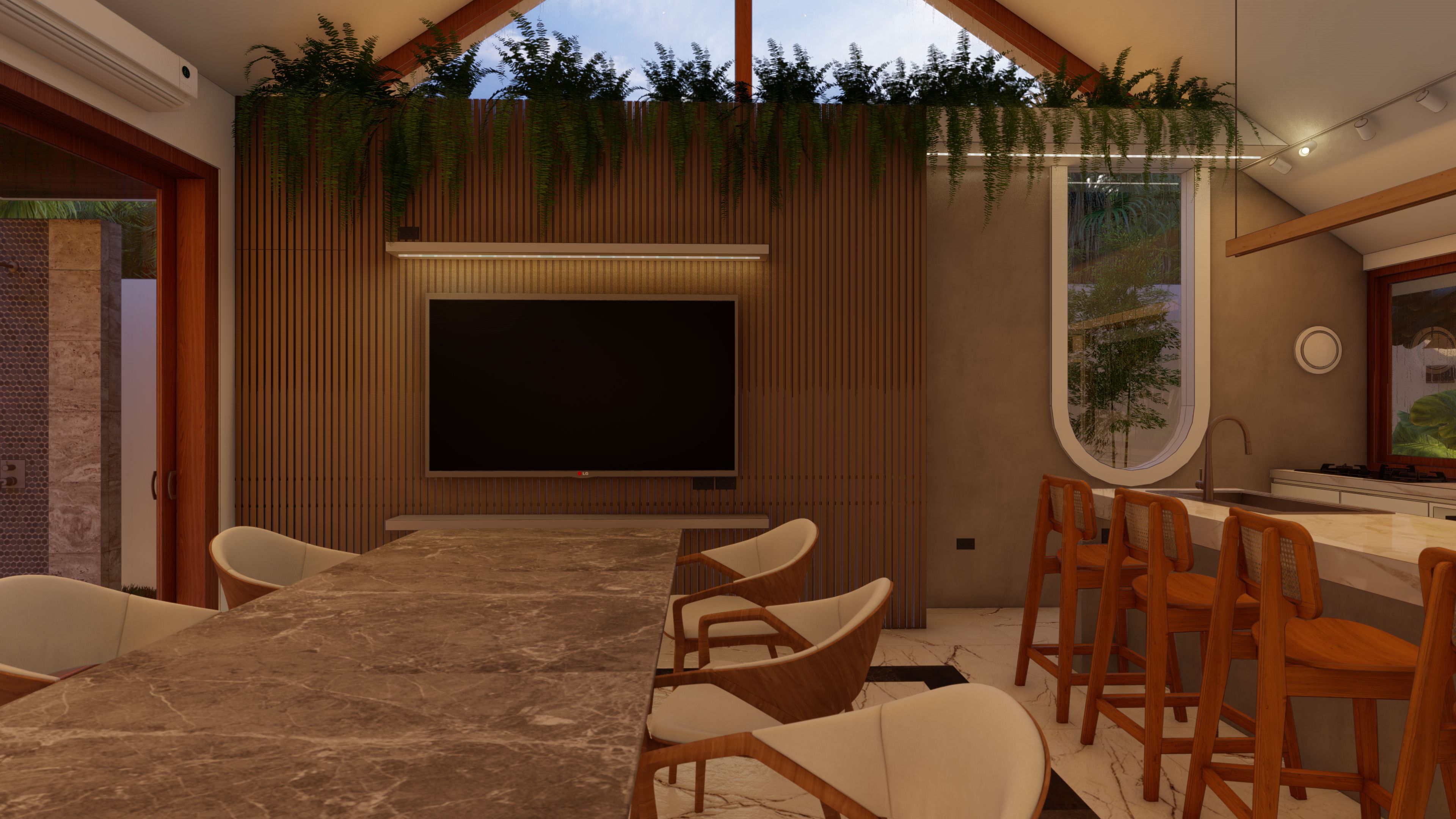 Spacious dining area with large table and pendant lighting