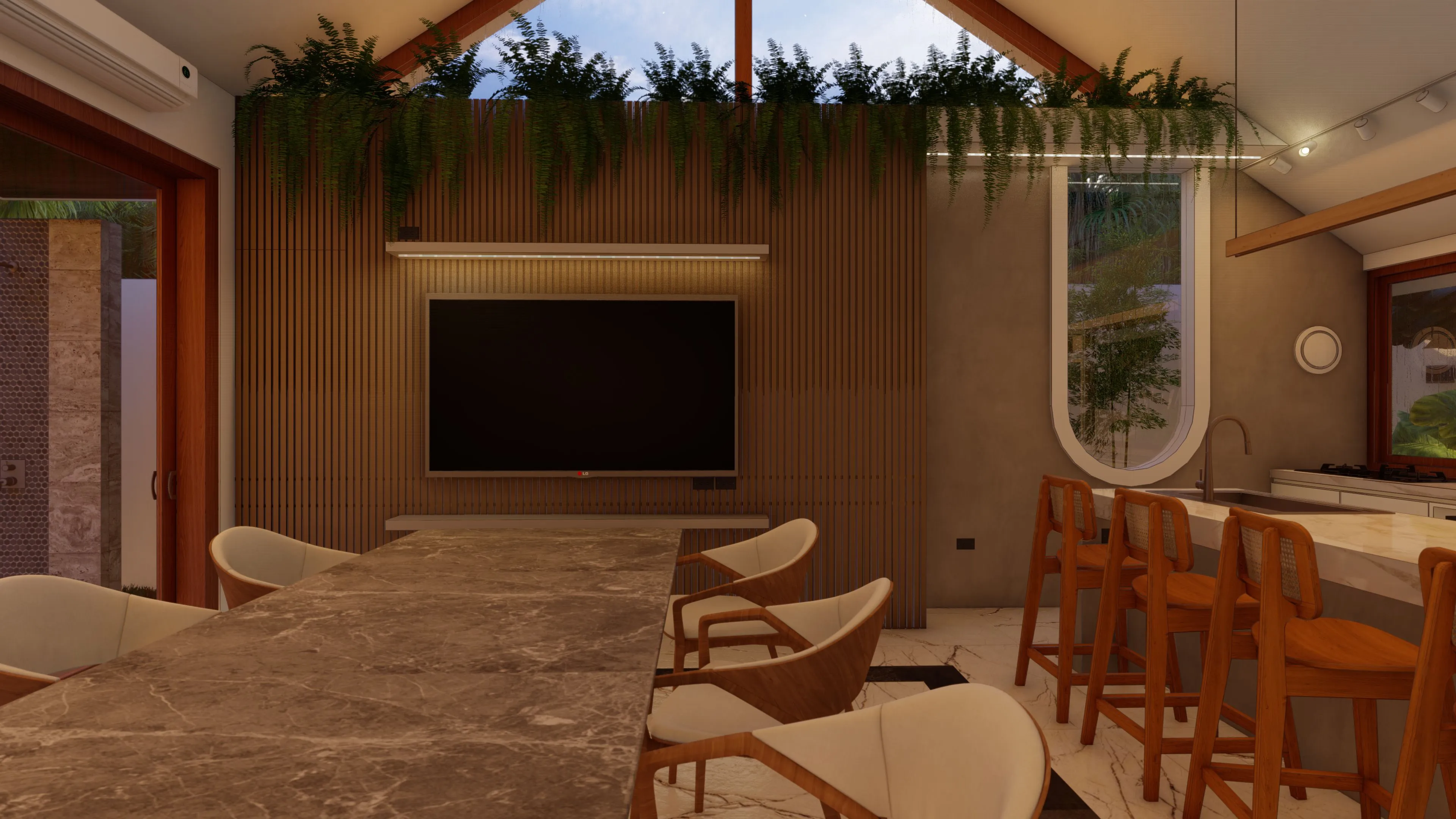 Spacious dining area with large table and pendant lighting