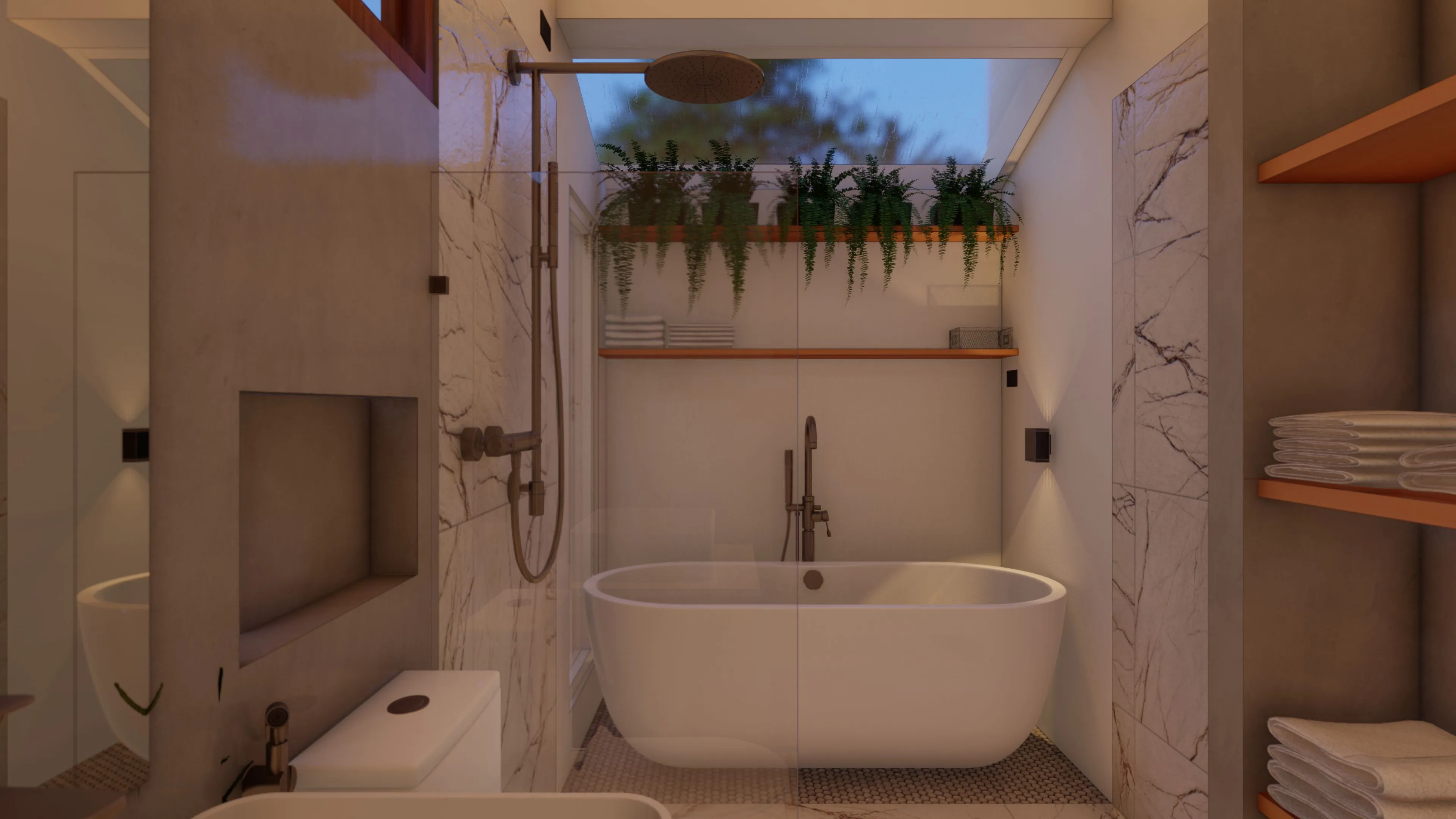 Luxurious master bathroom with freestanding bathtub and skylight